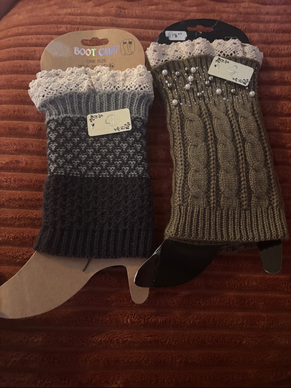 Set of 2 leg warmers Boot cuff one sizeLace-Trim Boot Cuffs - Gray and Olive